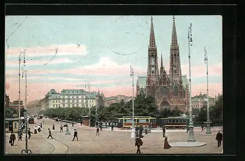 AK Wien, Votikirche und Schottentor, Strassenbahn unterwegs