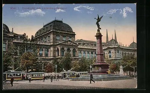 AK Wien I., Universität mit Liebenberg-Denkmal, Strassenbahn davor