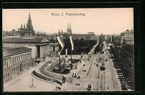 AK Wien, I. Franzensring, Strassenbahn vor dem Monument