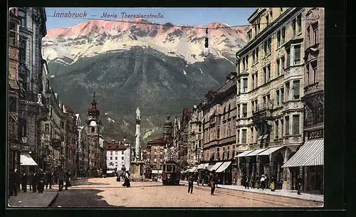 AK Innsbruck, Strassenbahn in der Maria Theresienstrasse