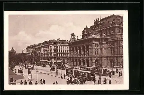 AK Wien, Staatsoper und Opernring, Strassenbahnen auf dem Platz