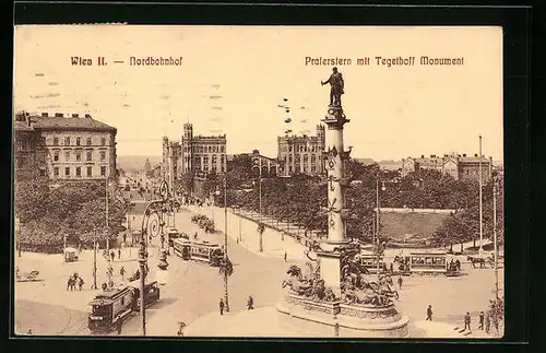 AK Wien II., Praterstern mit Tegethoff Monument, Strassenbahnen mit Blick zum Nordbahnhof