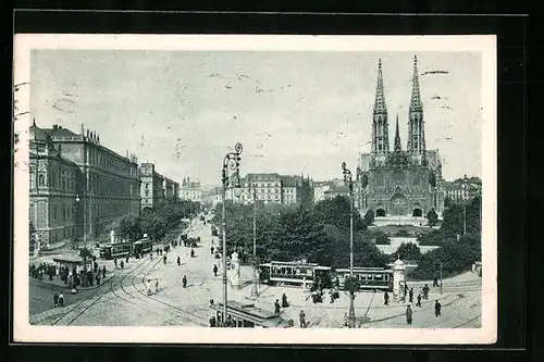 AK Wien, Freiheitsplatz, Strassenbahnen vor der Votivkirche