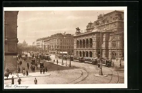 AK Wien, Strassenbahnen und Passanten auf dem Opernring