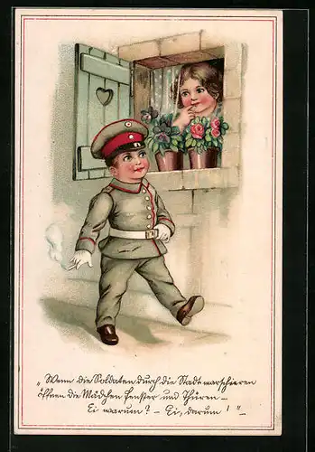 Lithographie Kinder Kriegspropaganda, Junge in Uniform mit Zigarette vor dem Fenster