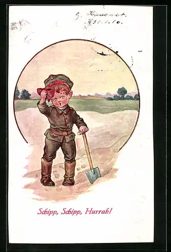 Künstler-AK Schipp, Schipp, Hurrah!, junger Soldat in Uniform, Kinder Kriegspropaganda