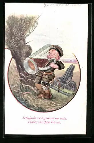 Lithographie Kinder Kriegspropaganda, junger Soldat leert einen Bierkrug