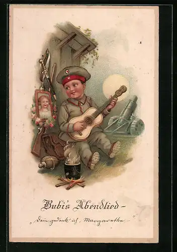 Lithographie Bubis Abendlied, Junge singt für die Freundin, Kinder Kriegspropaganda