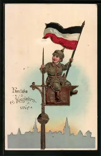 Lithographie Neujahresgrüsse, Soldat mit Reichsflagge, Kinder Kriegspropaganda