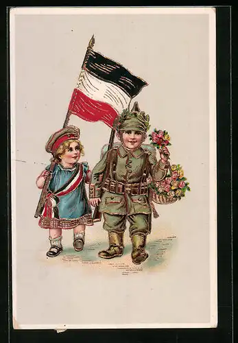 Präge-Lithographie Kinder Kriegspropaganda, Soldat in Uniform mit Freundin und Reichsflagge, mit Gold verziert