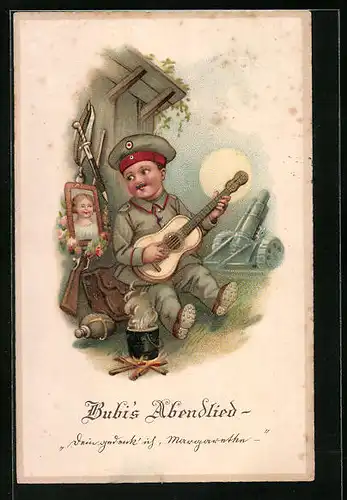 Lithographie Bubis Abendlied, Geburtstagslied für die Liebste, Kinder Kriegspropaganda