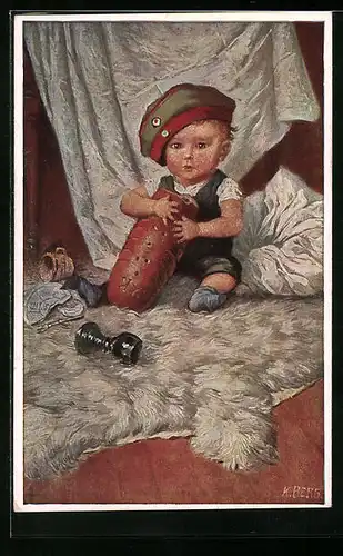 Künstler-AK Kinder Kriegspropaganda, Junge mit Schirmmütze und einem Laib Brot
