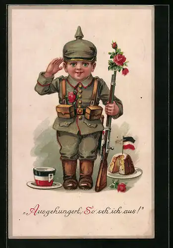 Lithographie Junge in Uniform mit gewehr und Kuchen, Ausgehungert, Kinder Kriegspropaganda