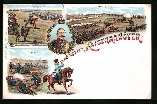 Lithographie Kaisermanöver, Kaiserparade, Biwak