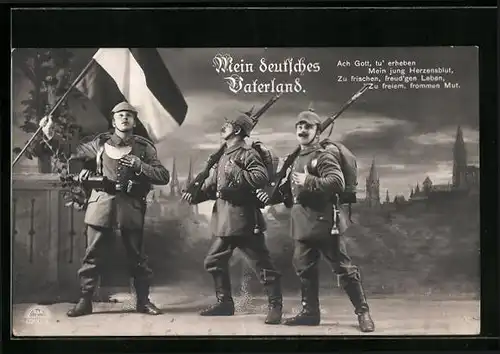 AK Mein Deutsches Vaterland, Soldaten der Infanterie mit Fahne und Gewehren