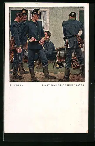Künstler-AK sign. R. Mülli: Rast Bayrischer Jäger