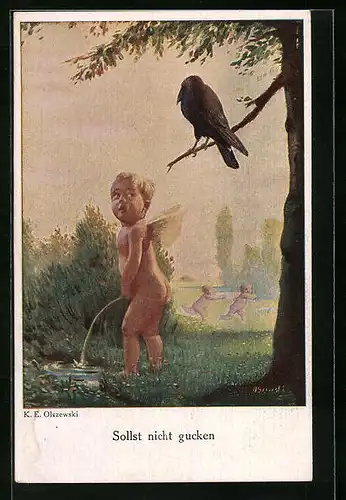 Künstler-AK Toilettenhumor, Amor uriniert ins Gras, Rabe schaut zu