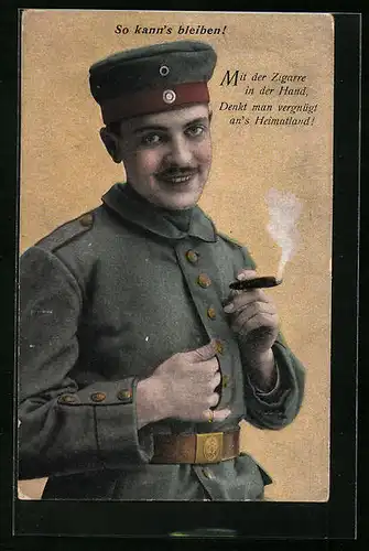 Künstler-AK Soldat in Uniform, mit der Zigarre in der Hand, denkt man vergnügt ans Vaterland