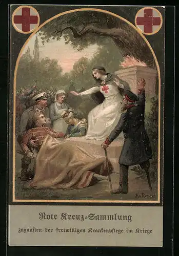 Künstler-AK Rotes Kreuz, Pflegerinnen mit verwundeten Soldaten im Krieg