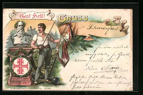 Lithographie Turnvater Jahn, Mit Degen und Fahne an der Büste