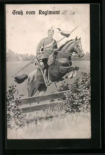 Künstler-AK Regiment, Soldat mit Pferd springt über einen Zaun