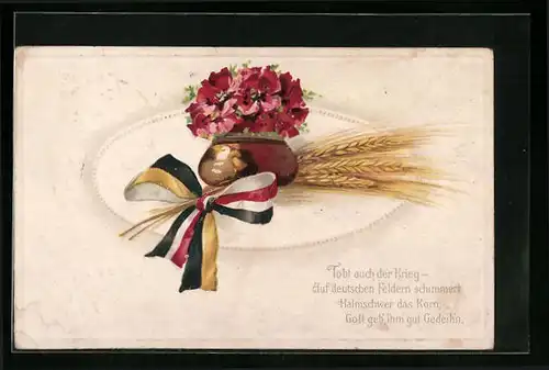 Präge-Lithographie Zweibund, Blumenkrug und Weizenähre mit Schleife zweier Länder