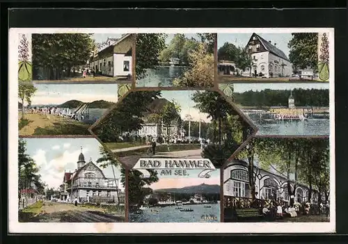 AK Bad Hammer am See, Ortspanorama, Gasthaus, Gäste im Garten, Uferanlagen