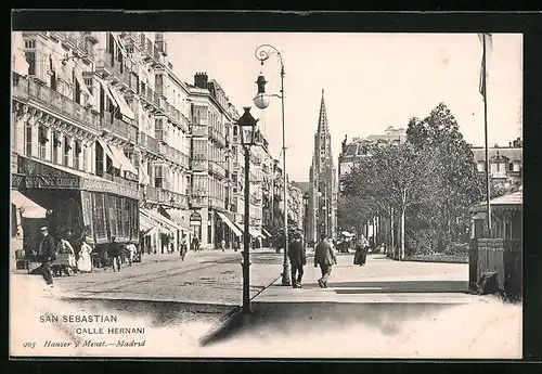 AK San Sebastian, Calle Hernani, Blick zur Kathedrale