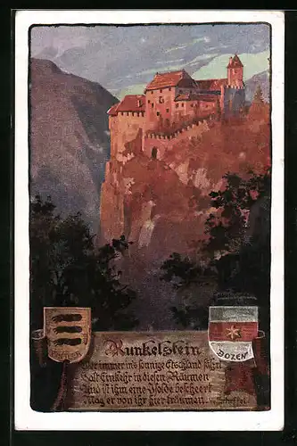 Künstler-AK Bozen, Kunkelstein, Blick hinauf zur Festung, Wappen