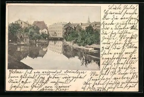 AK Osnabrück, Hasepartie, Blick zum Kirchturm