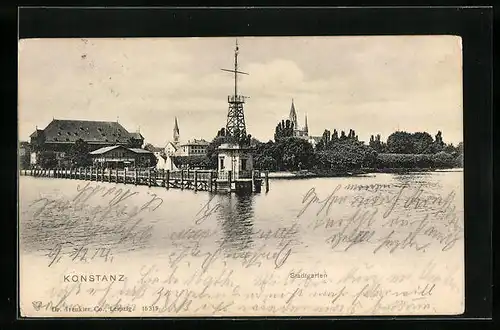 AK Konstanz am Bodensee, Stadtgarten, Blick zu den Kirchtürmen