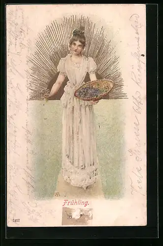 Lithographie Frühling, Fräulein mit Blumenkorb im Jugendstil