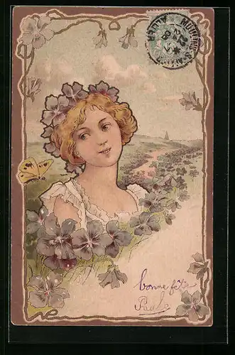 Präge-AK Fräulein mit Landschaftsbild im Hintergrund, Blumenornamente im Jugendstil