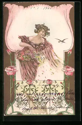 Präge-AK Fräulein mit Blumenranken und Glitzer im Jugendstil