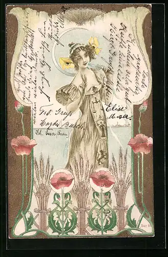 Lithographie Schönes Fräulein umgeben von Blumen und Getreideähren, Ornamente im Jugendstil