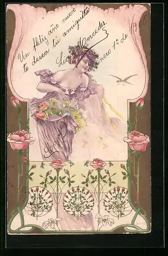 Lithographie Junge Frau im Kleid beugt sich zu einem Vogel herab, Blumen und Ornamente im Jugendstil