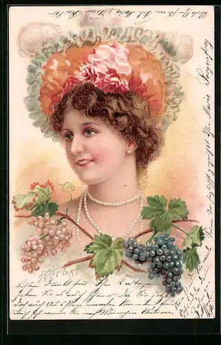 Lithographie Herbst, Portrait einer schönen Frau mit Weinreben im Jugendstil