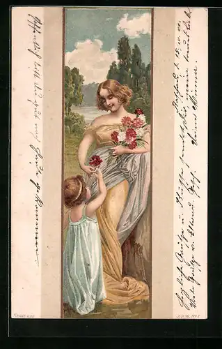 AK Mädchen schenkt einem Fräulein Nelken in verschiedenen Farben, Jugendstil