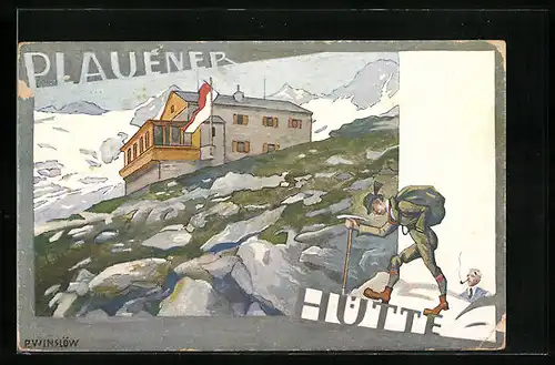 Künstler-AK Plauener Hütte, Bergsteiger kämpft sich den Berg hinauf