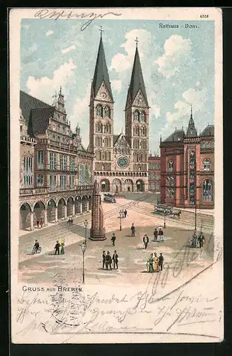 Lithographie Bremen, Rathaus und Dom