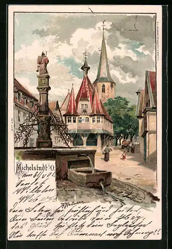 Künstler-AK Michelstadt i. O., am Brunnen