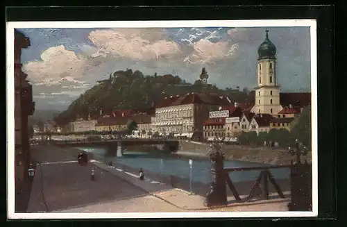 AK Graz, Teilansicht vom Flussufer gesehen