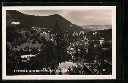 AK Semmering, Sprungschanze mit Hotel Erzh. Johann