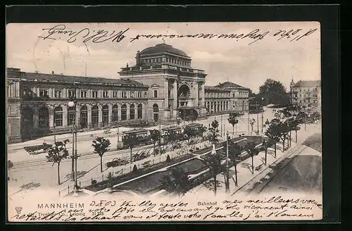 AK Mannheim, Bahnhof mit Strassenbahnverkehr