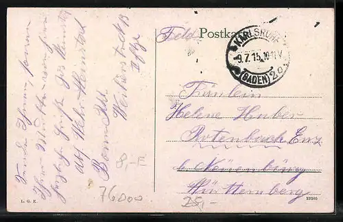 AK Karlsruhe i. B., Hauptpostgebäude, Strassenbahn