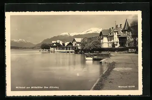 AK Millstatt am See, Ortspartie mit Villa am Seeufer