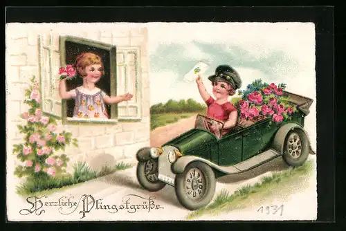 AK Bote mit Kuvert im Auto vor Fenster von Frau, Pfingstgruss