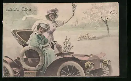 AK Zwei Damen im Auto vor Schafherde, Ostergruss