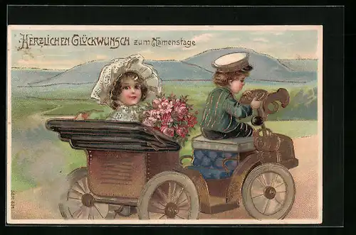 Präge-AK Fräulein mit Blumenstrauss im Auto, Glückwunsch zum Namenstag
