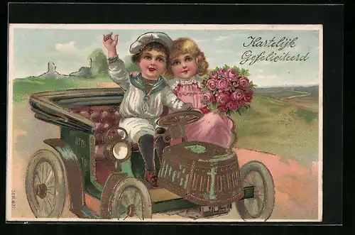 Präge-AK Pärchen mit Blumenstrauss Auto, Glückwunsch